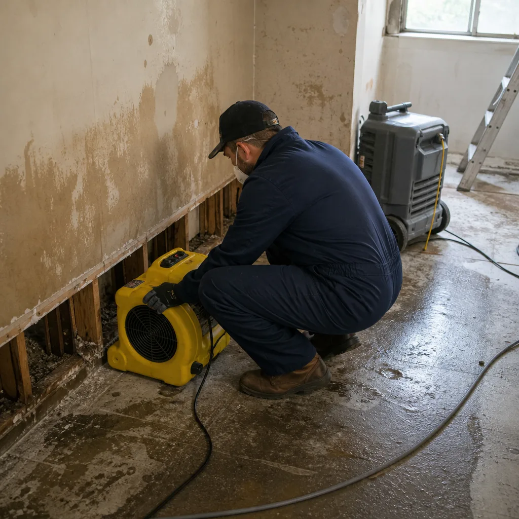 Water damage restoration professional using an industrial air mover for structural drying
