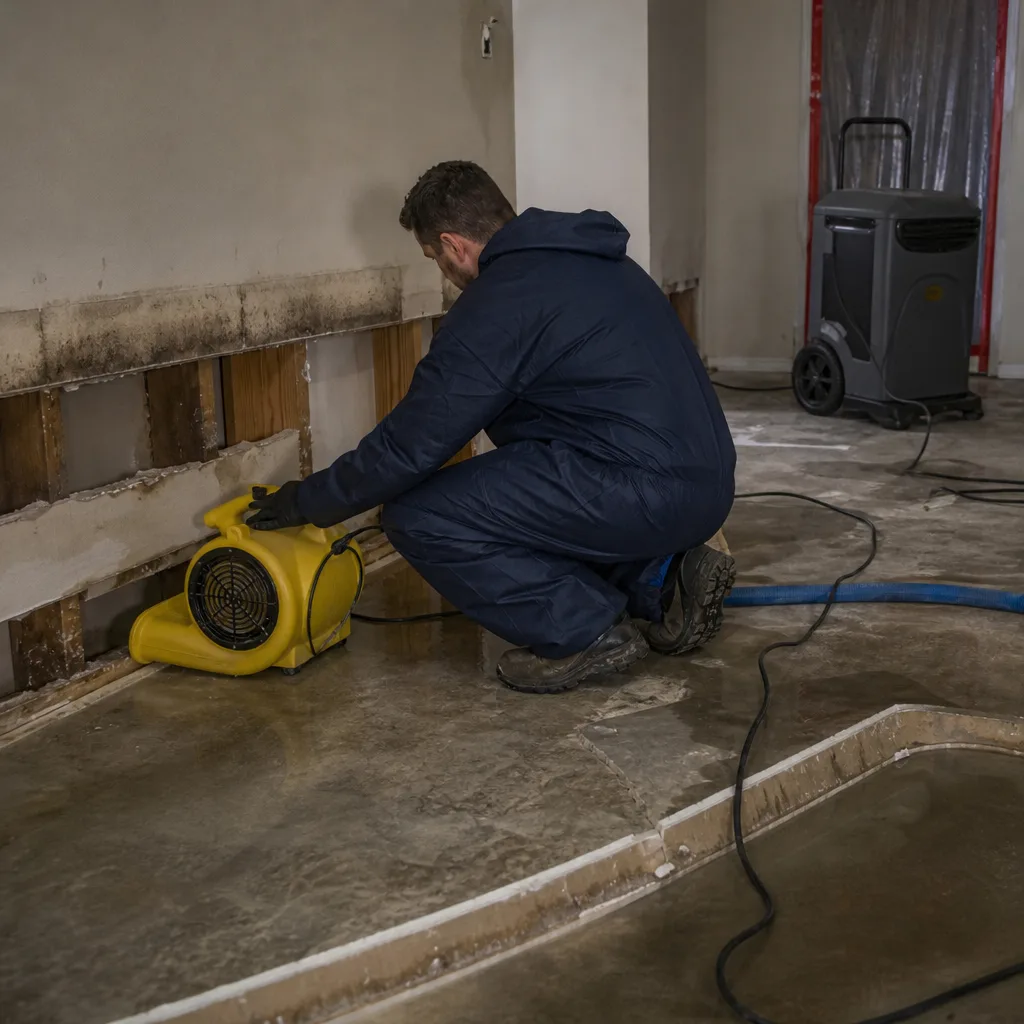 Technician using industrial air mover for professional water damage restoration