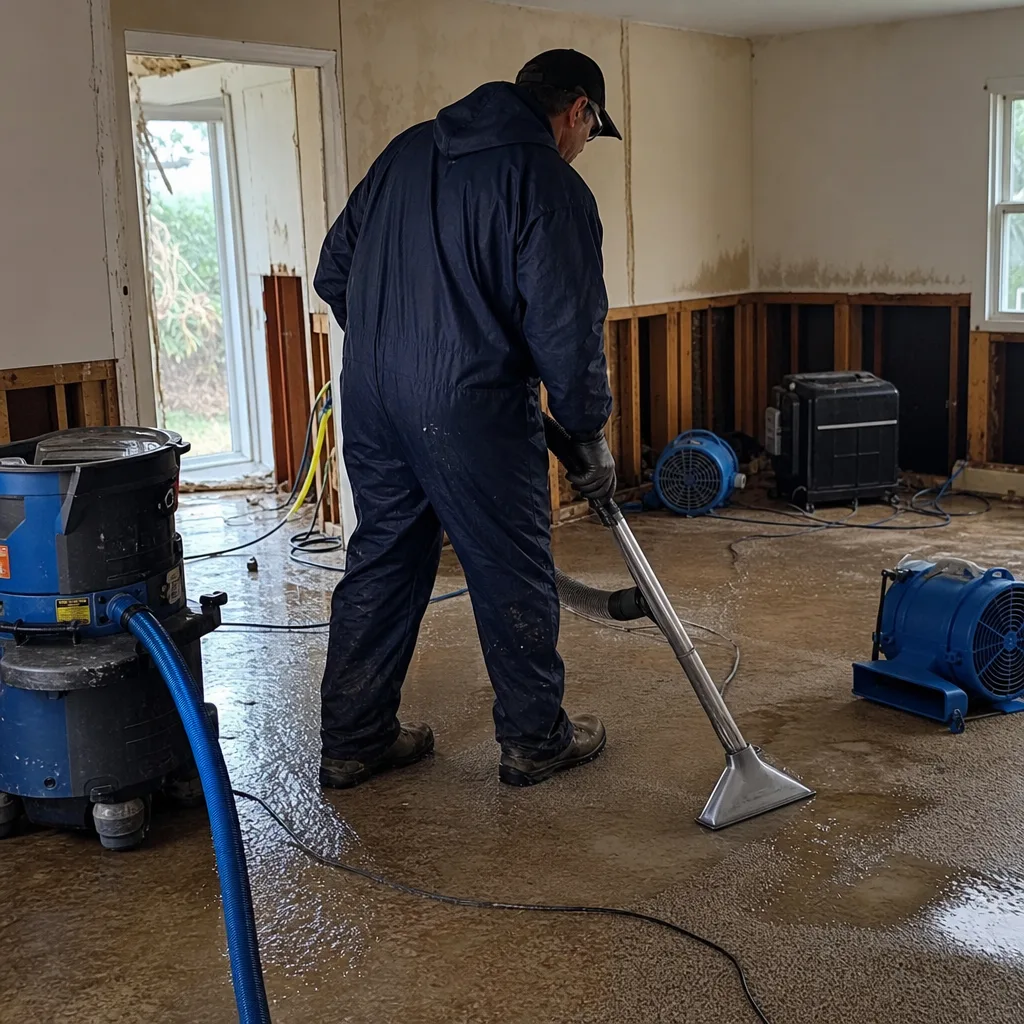 Technician using professional water extraction tool for flood damage restoration